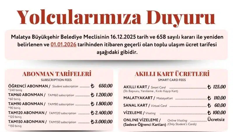 MOTAŞ MALATYA ÜCRET TARİFESİ 2026